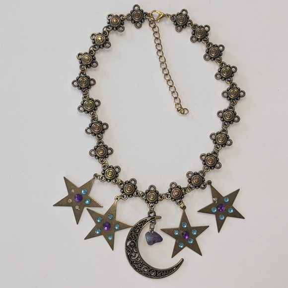 VTG METAL BRONZE/GOLD TONE MOON & STARS NATURAL GEM STONE NECKLACE - Picture 11 of 13